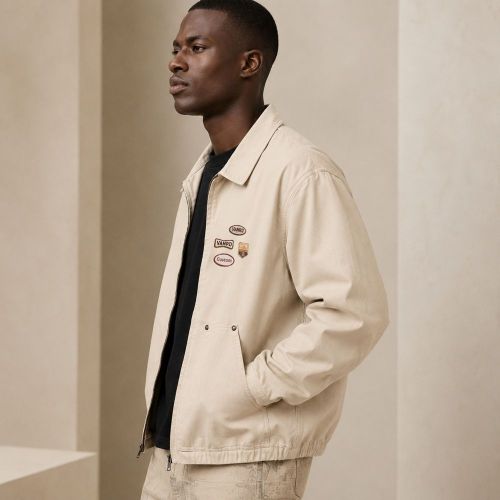 Custom Off-White Cotton Chore Coat with Patches