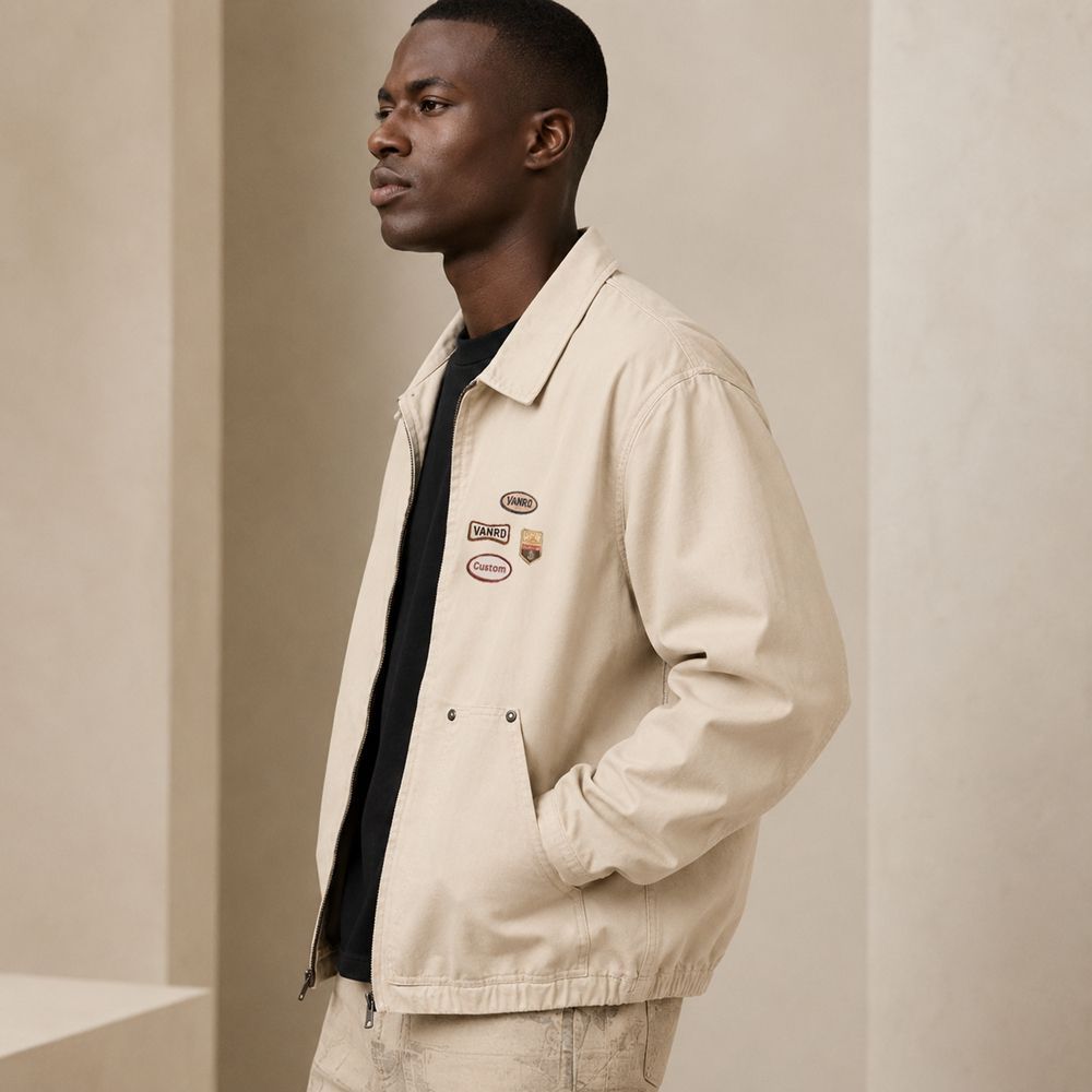 Custom Off-White Cotton Chore Coat with Patches