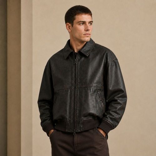 Custom Washed Black Faux Leather Bomber Jacket