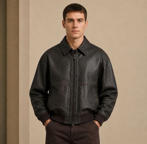 Custom Washed Black Faux Leather Bomber Jacket