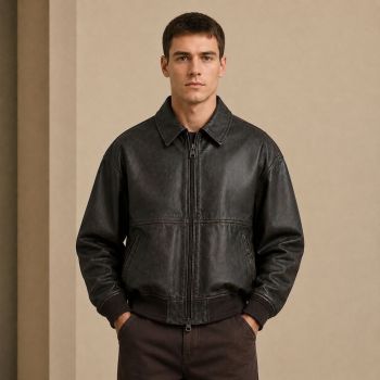 Custom Washed Black Faux Leather Bomber Jacket