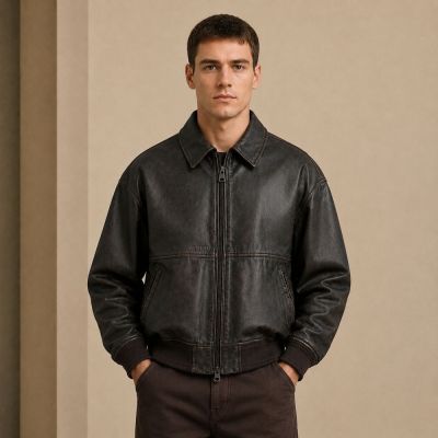 Custom Washed Black Faux Leather Bomber Jacket