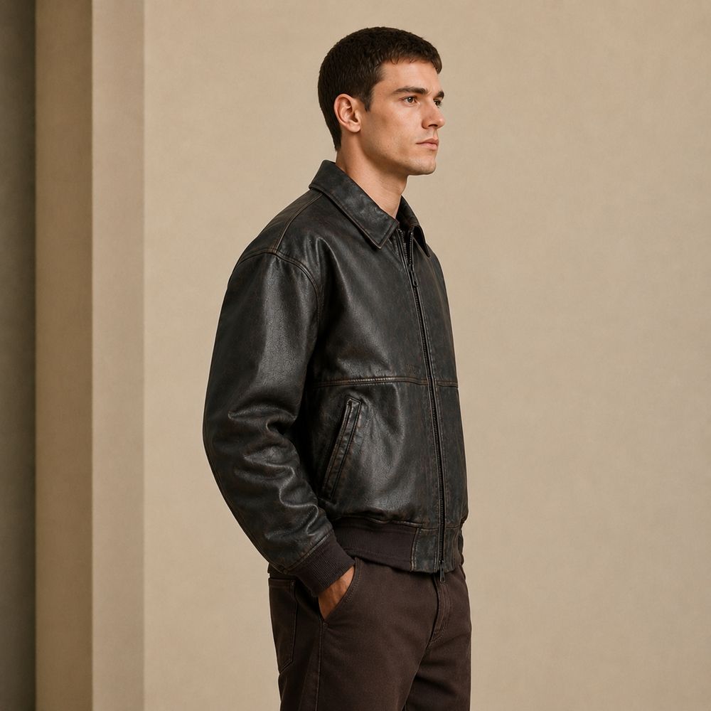 Custom Washed Black Faux Leather Bomber Jacket
