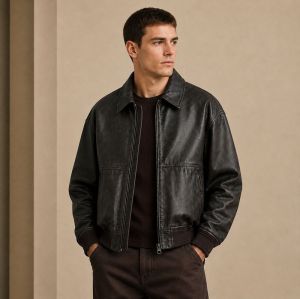 Custom Washed Black Faux Leather Bomber Jacket