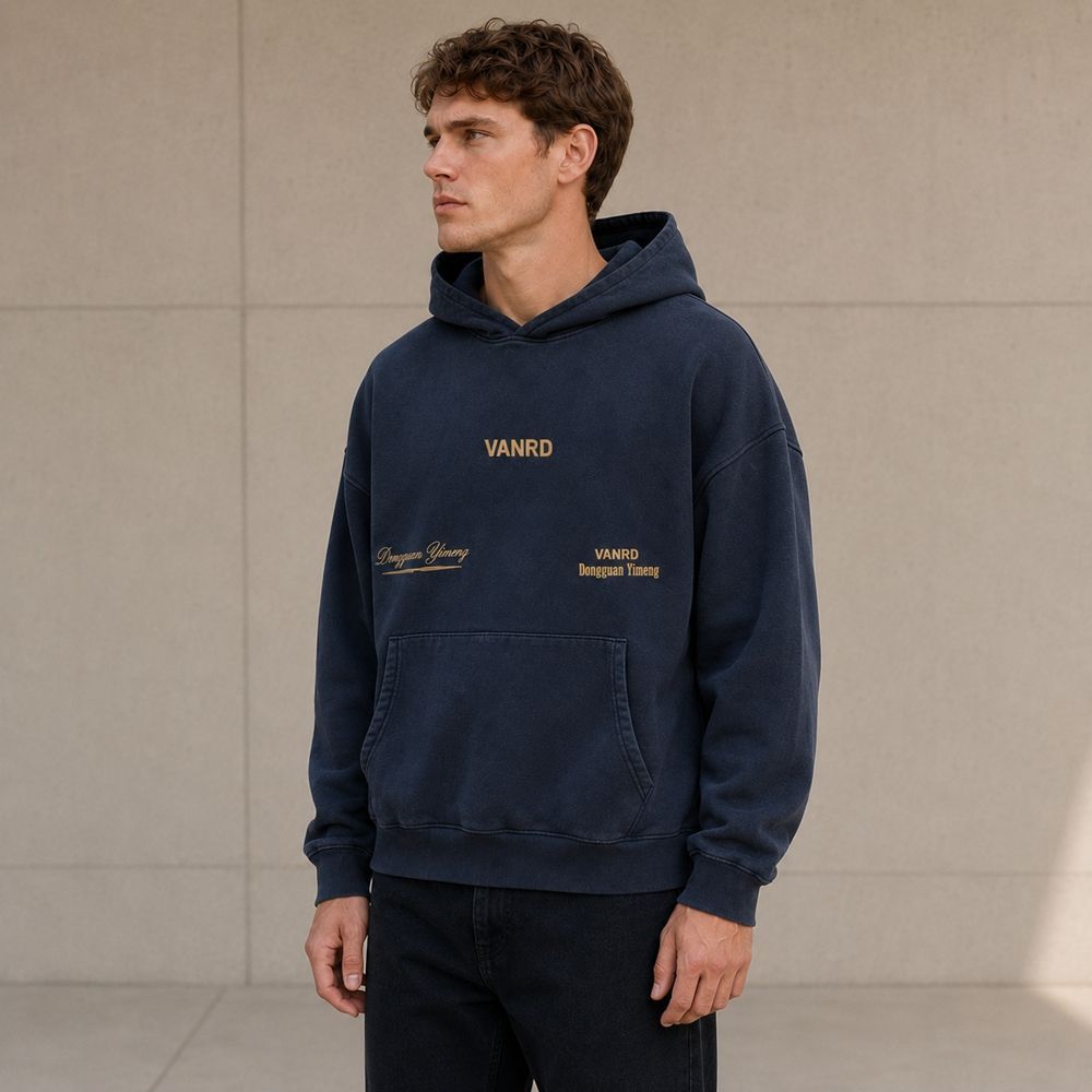 Custom Washed Navy Cotton Pullover Hoodie