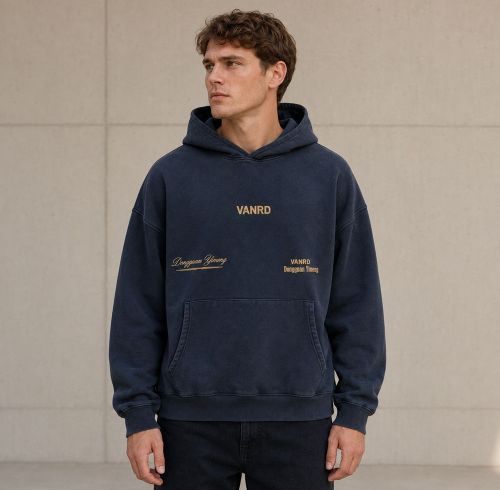Custom Washed Navy Cotton Pullover Hoodie