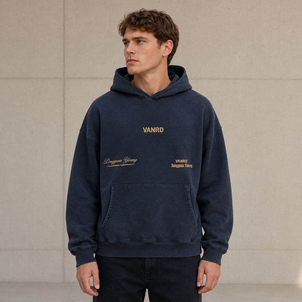 Custom Washed Navy Cotton Pullover Hoodie