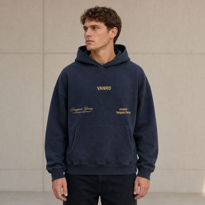 Custom Washed Navy Cotton Pullover Hoodie
