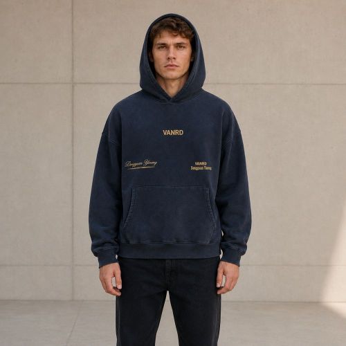 Custom Washed Navy Cotton Pullover Hoodie
