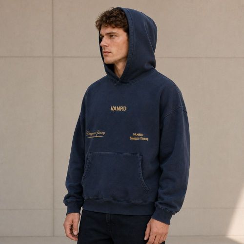 Custom Washed Navy Cotton Pullover Hoodie