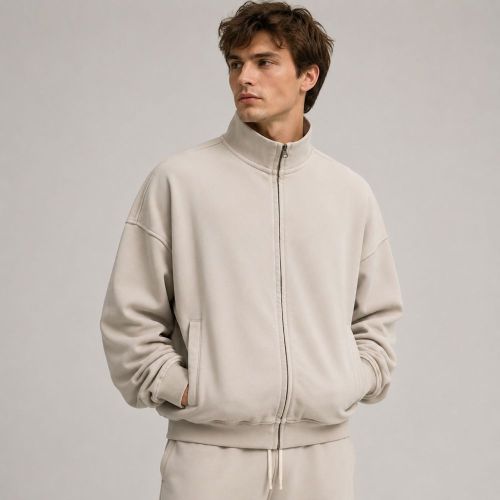 Custom Washed Cotton Mock Neck Zip-Up Hoodie