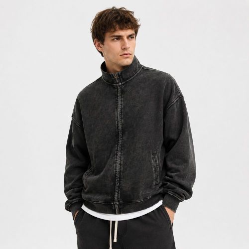 Custom Washed Cotton Mock Neck Zip-Up Hoodie