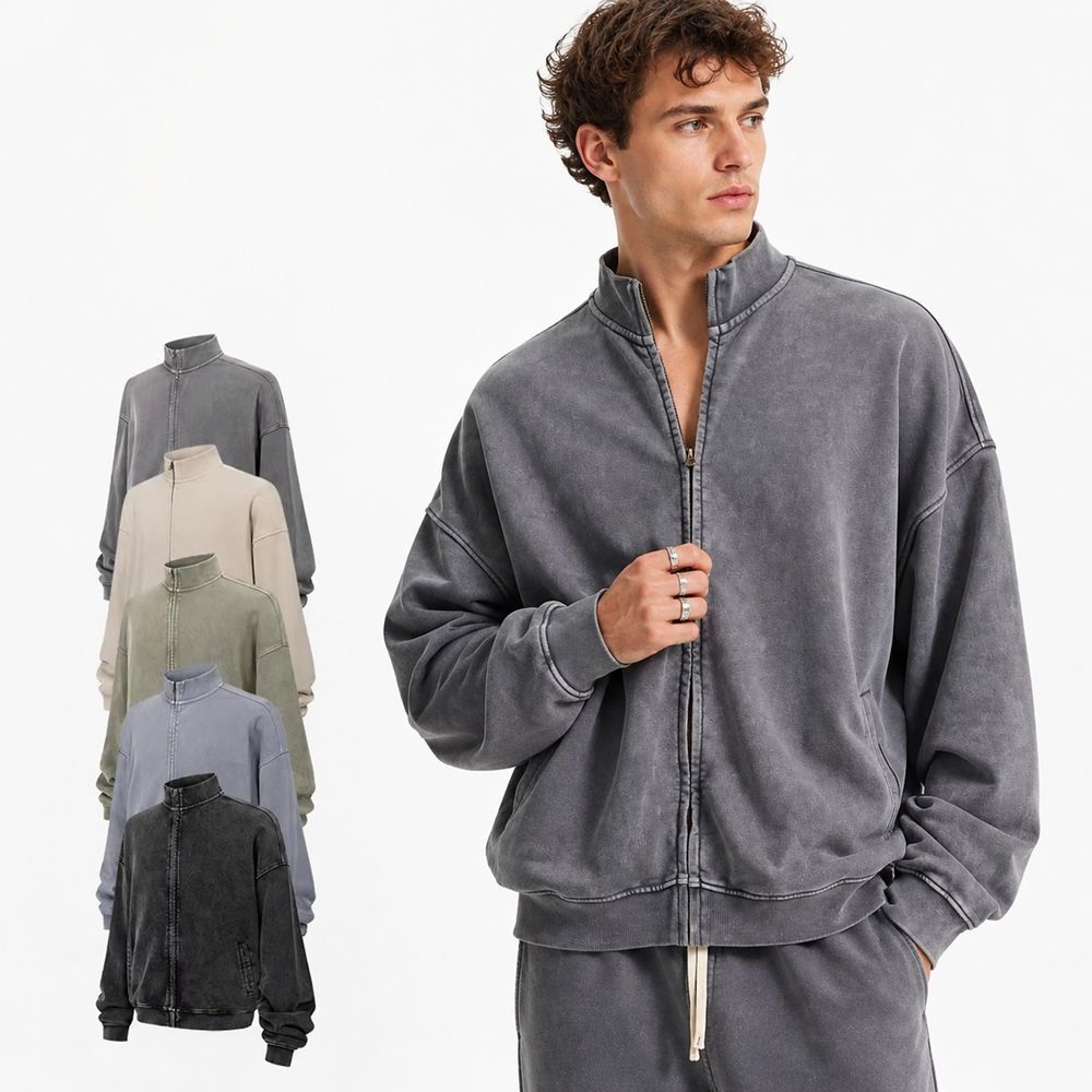 Custom Washed Cotton Mock Neck Zip-Up Hoodie