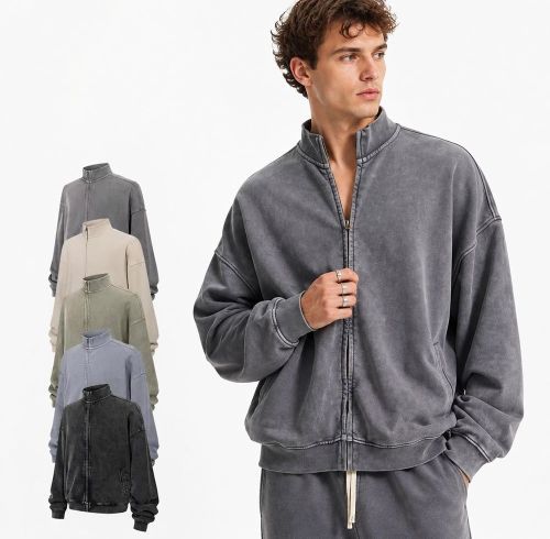 Custom Washed Cotton Mock Neck Zip-Up Hoodie