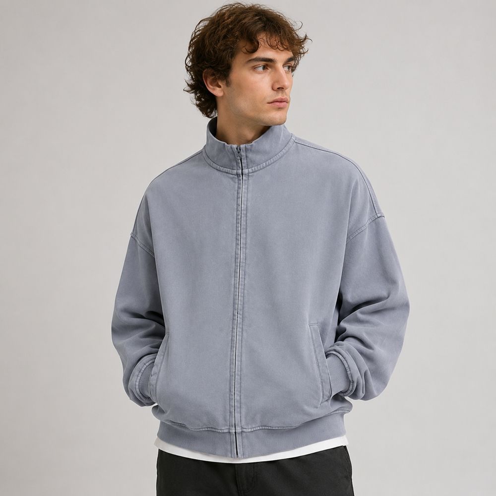 Custom Washed Cotton Mock Neck Zip-Up Hoodie