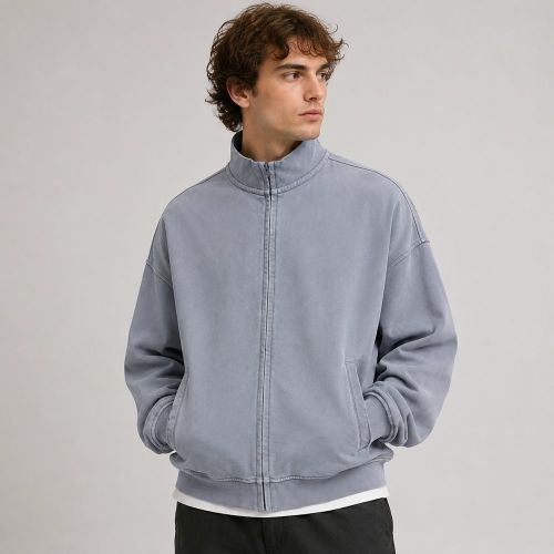 Custom Washed Cotton Mock Neck Zip-Up Hoodie