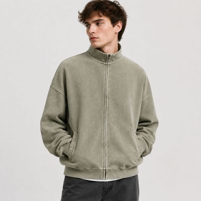 Custom Washed Cotton Mock Neck Zip-Up Hoodie