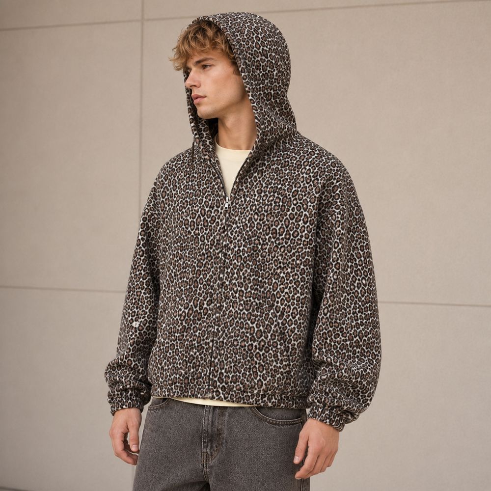 Custom Leopard Print Sherpa Zip-Up Hoodie