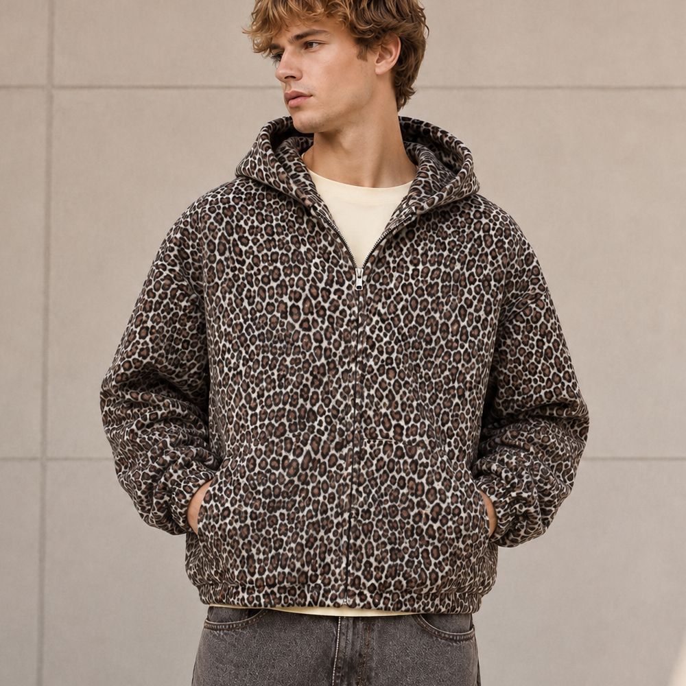 Custom Leopard Print Sherpa Zip-Up Hoodie