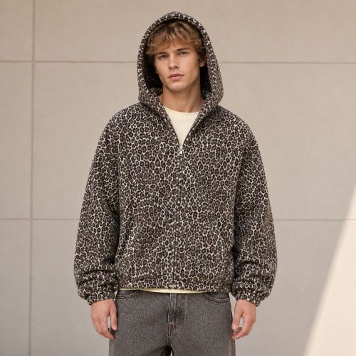 Custom Leopard Print Sherpa Zip-Up Hoodie