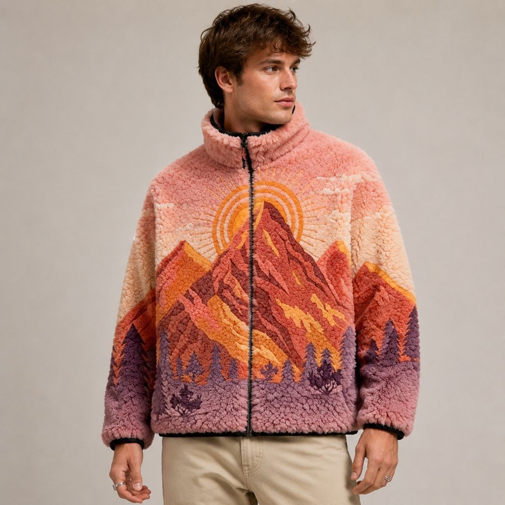 Custom Landscape Embroidery Sherpa Fleece Jacket