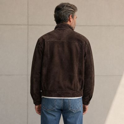 Custom Brown Faux Suede Stand Collar Jacket