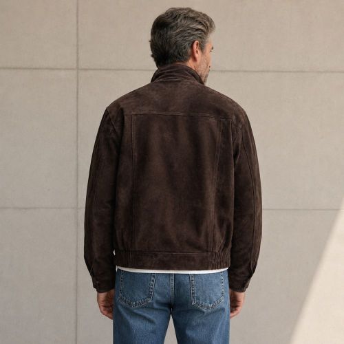 Custom Brown Faux Suede Stand Collar Jacket