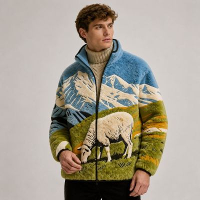 Custom Landscape Embroidery Sherpa Fleece Jacket