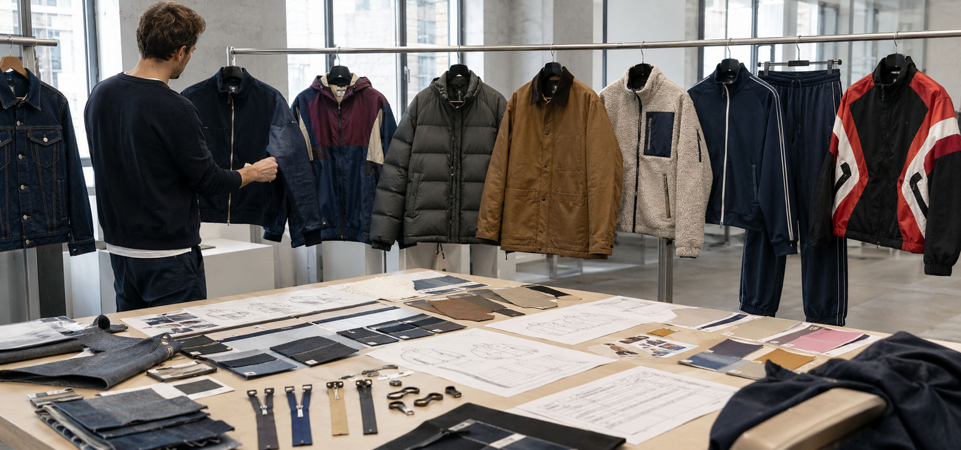 Fall Winter 2026 streetwear product development with denim windbreaker puffer workwear sherpa and tracksuit samples