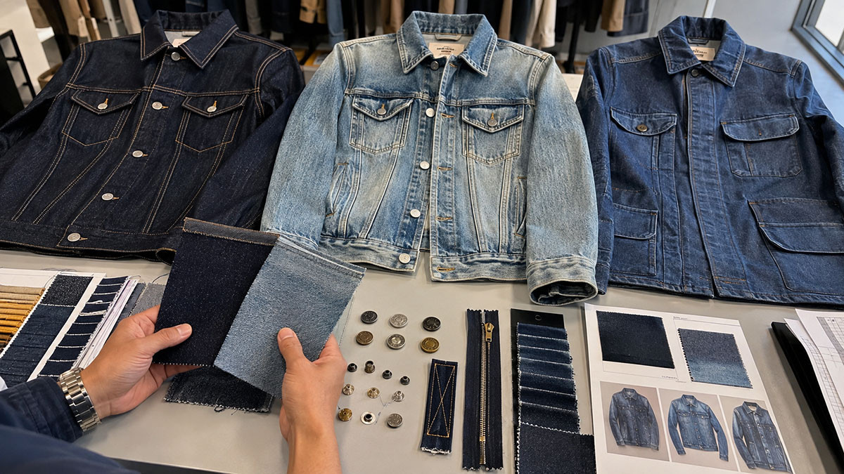 Dark indigo and washed denim jacket development for Fall Winter 2026 streetwear brands