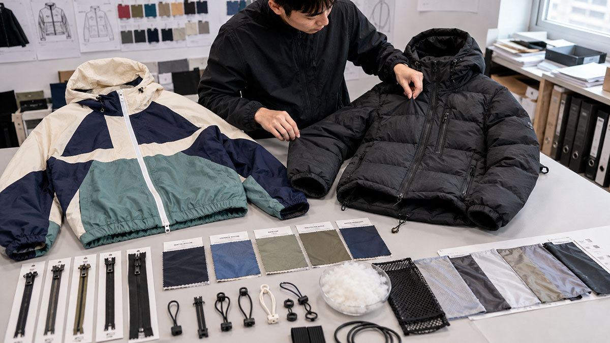 Custom nylon windbreaker and puffer jacket product development for Fall Winter streetwear