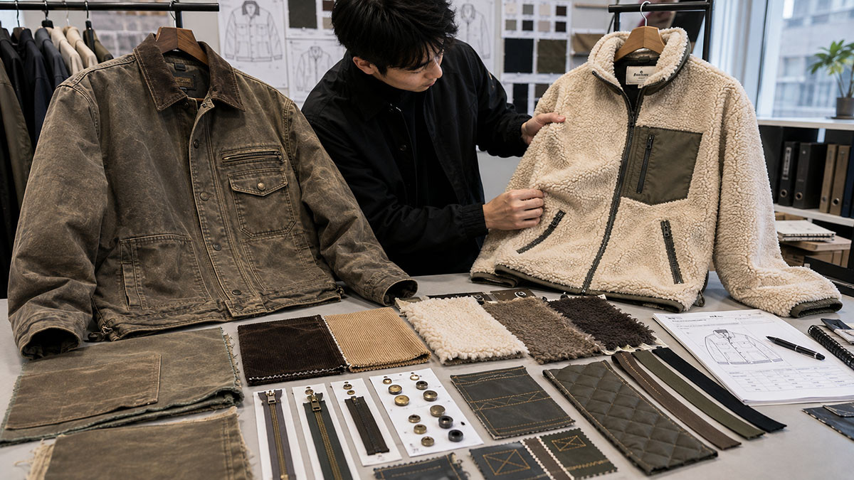 Work jacket sherpa fleece and tactile outerwear development for streetwear brands
