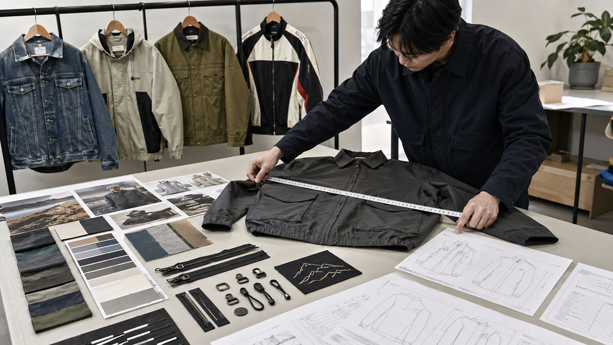 Streetwear product developer reviewing Fall Winter jacket samples tech packs fabrics and trims