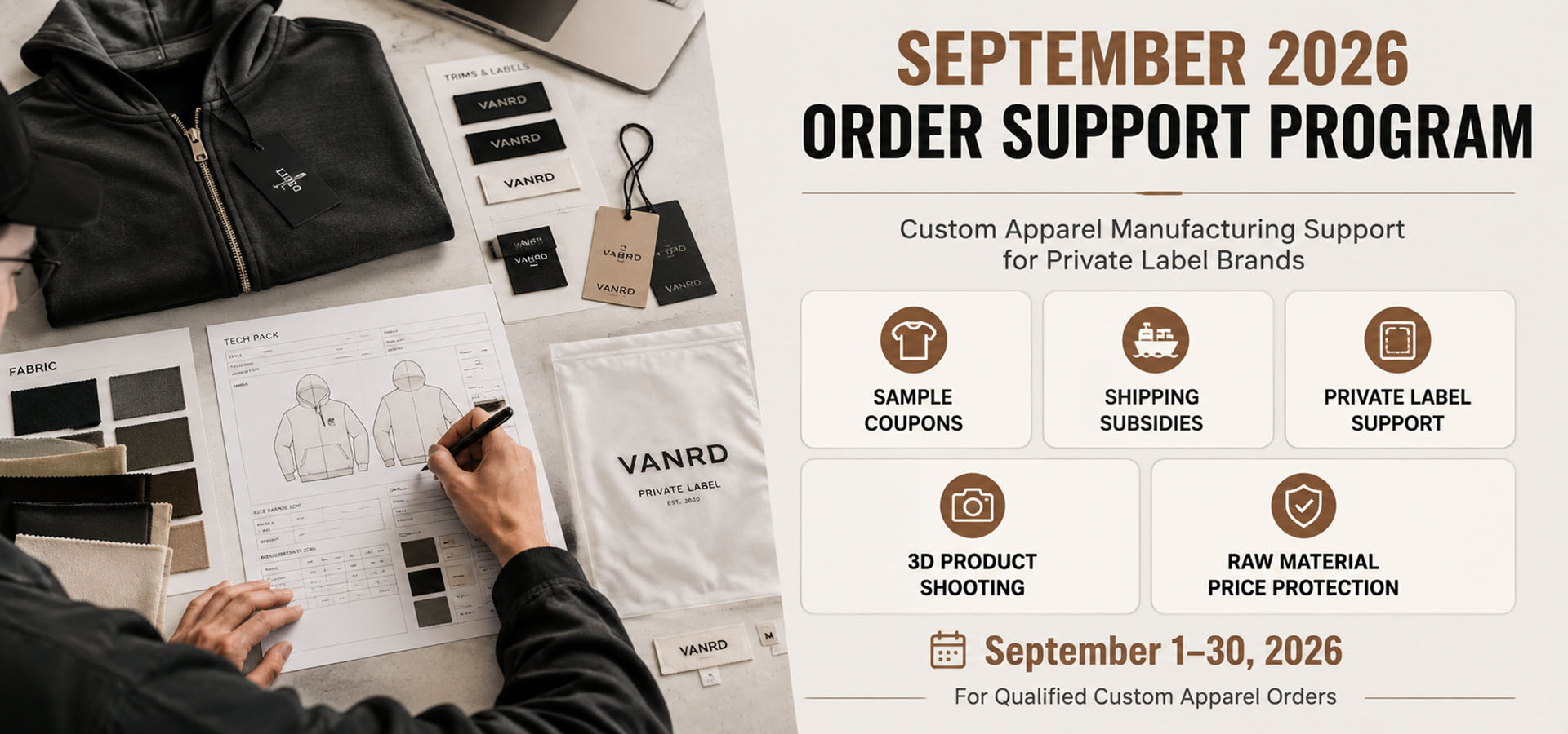 VANRD September 2026 custom apparel order support program for private label clothing brands