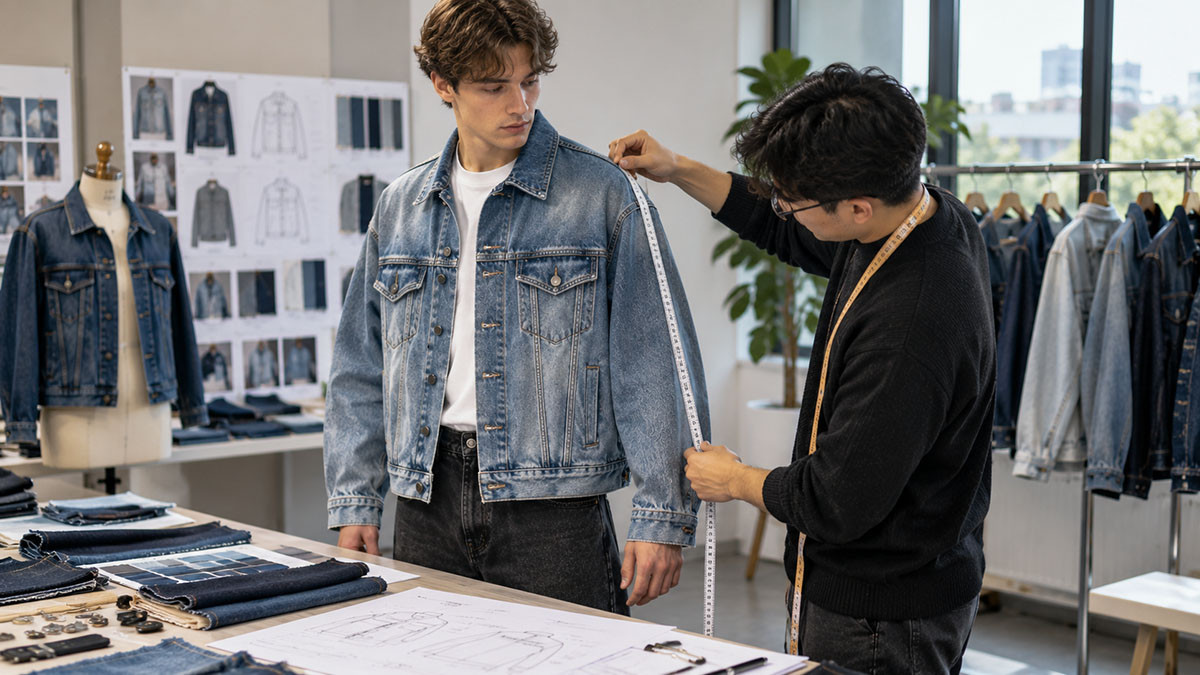 Custom denim jacket fit development with apparel product developer checking shoulder sleeve and body measurements