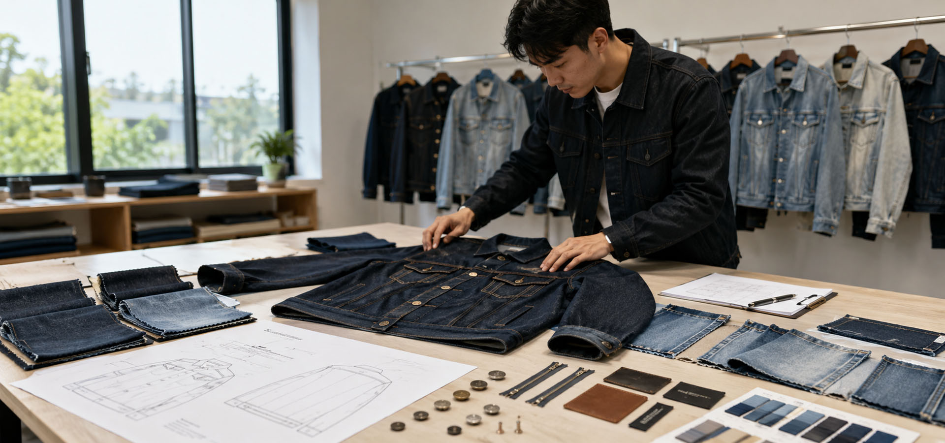Custom denim jacket manufacturing development with denim fabric wash swatches hardware and tech pack