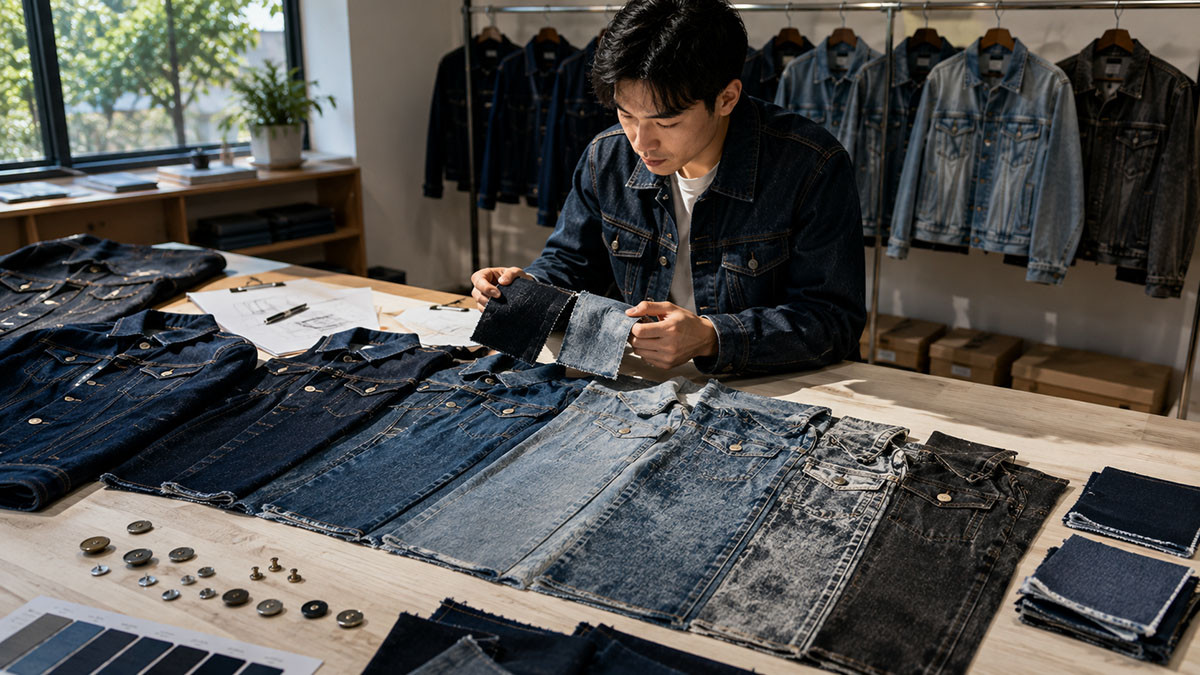 Custom denim jacket wash development showing rinse enzyme stone acid vintage laser and ozone finishing directions