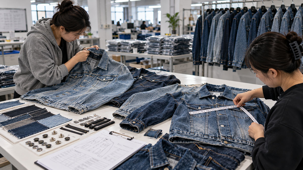 Denim jacket bulk quality control checking wash shade measurements stitching and metal hardware