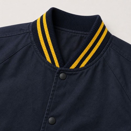 Custom Navy Yellow Stripe Rib Knit Varsity Jacket