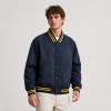 Custom Navy Yellow Stripe Rib Knit Varsity Jacket