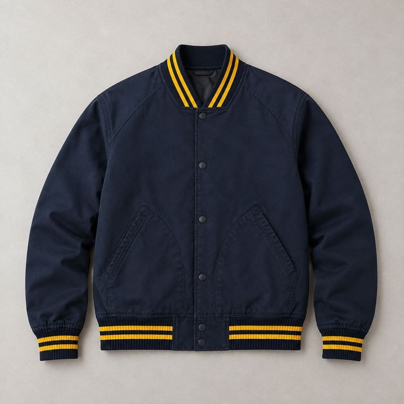 Custom Navy Yellow Stripe Rib Knit Varsity Jacket