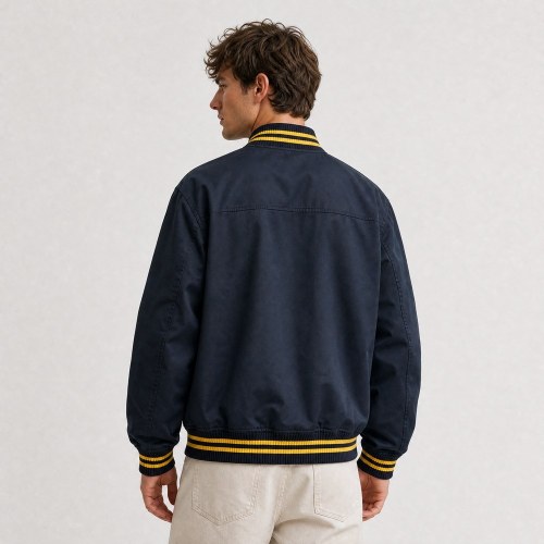 Custom Navy Yellow Stripe Rib Knit Varsity Jacket