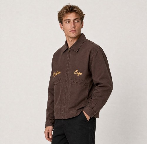 Custom Brown Cotton Canvas Embroidered Work Jacket