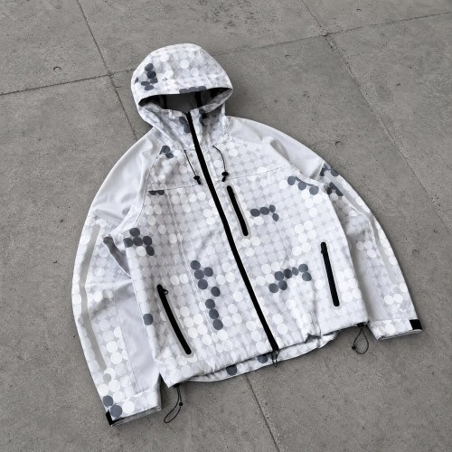 Custom White Grey Polka Dot Print Hooded Windbreaker Jacket