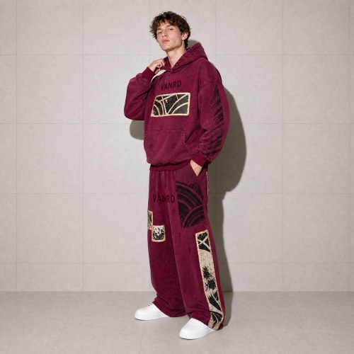 Custom Burgundy Washed Distressed Graphic Fleece Tracksuit