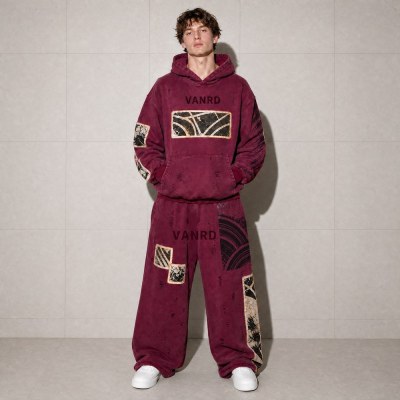 Custom Burgundy Washed Distressed Graphic Fleece Tracksuit