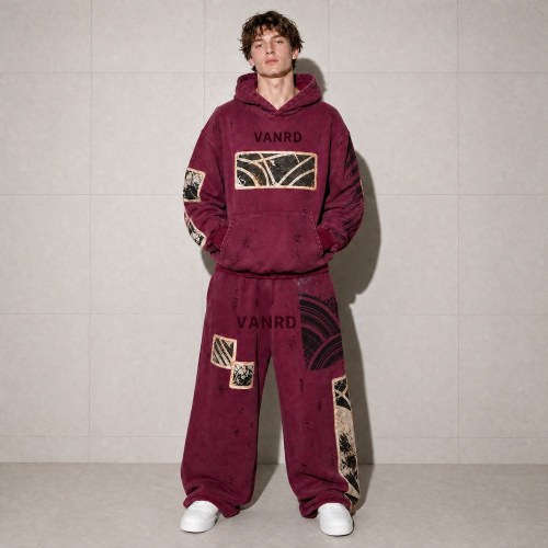 Custom Burgundy Washed Distressed Graphic Fleece Tracksuit