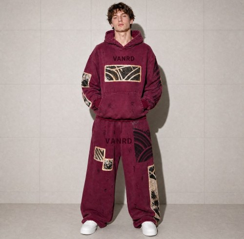 Custom Burgundy Washed Distressed Graphic Fleece Tracksuit