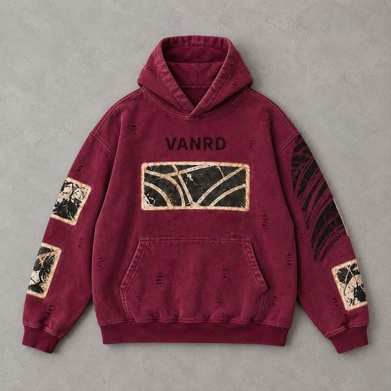 Custom Burgundy Washed Distressed Graphic Fleece Tracksuit