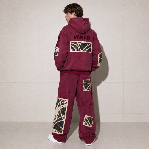 Custom Burgundy Washed Distressed Graphic Fleece Tracksuit